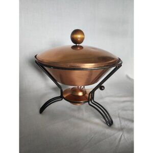 VTG MCM Copper Warming Pot Chafing Dish With Dome Lid Wood Handle